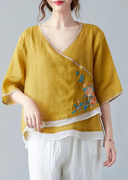 French White Bamboo V Neck Asymmetrical Design Shirt Spring