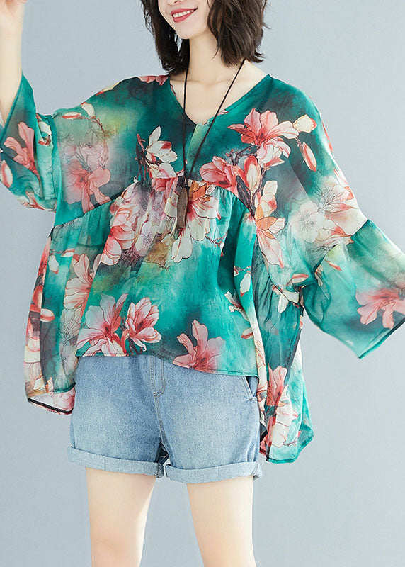 Handmade Green V Neck Patchwork Print Fall Top Three Quarter Sleeve