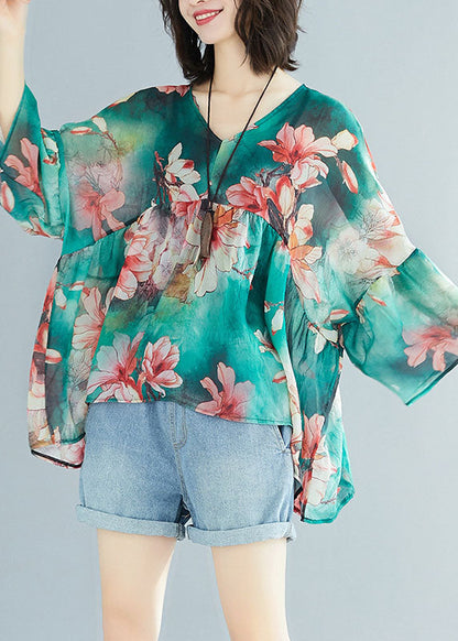 Handmade Green V Neck Patchwork Print Fall Top Three Quarter Sleeve