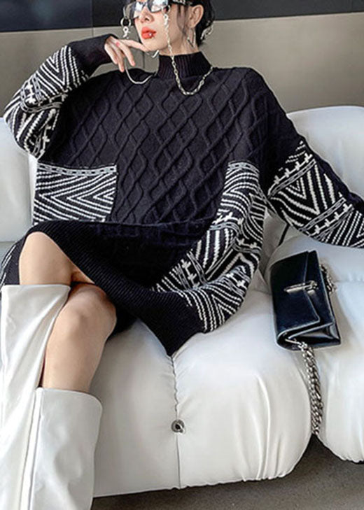 Black Stand Collar Jacquard Loose Fall Knit Sweaters
