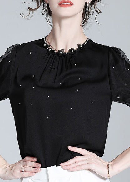 Diy Black O-neck Silk Nail Bead Shirts Summer
