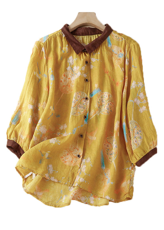 Yellow Peter Pan Collar Print Button Low High Design Linen Shirt Summer
