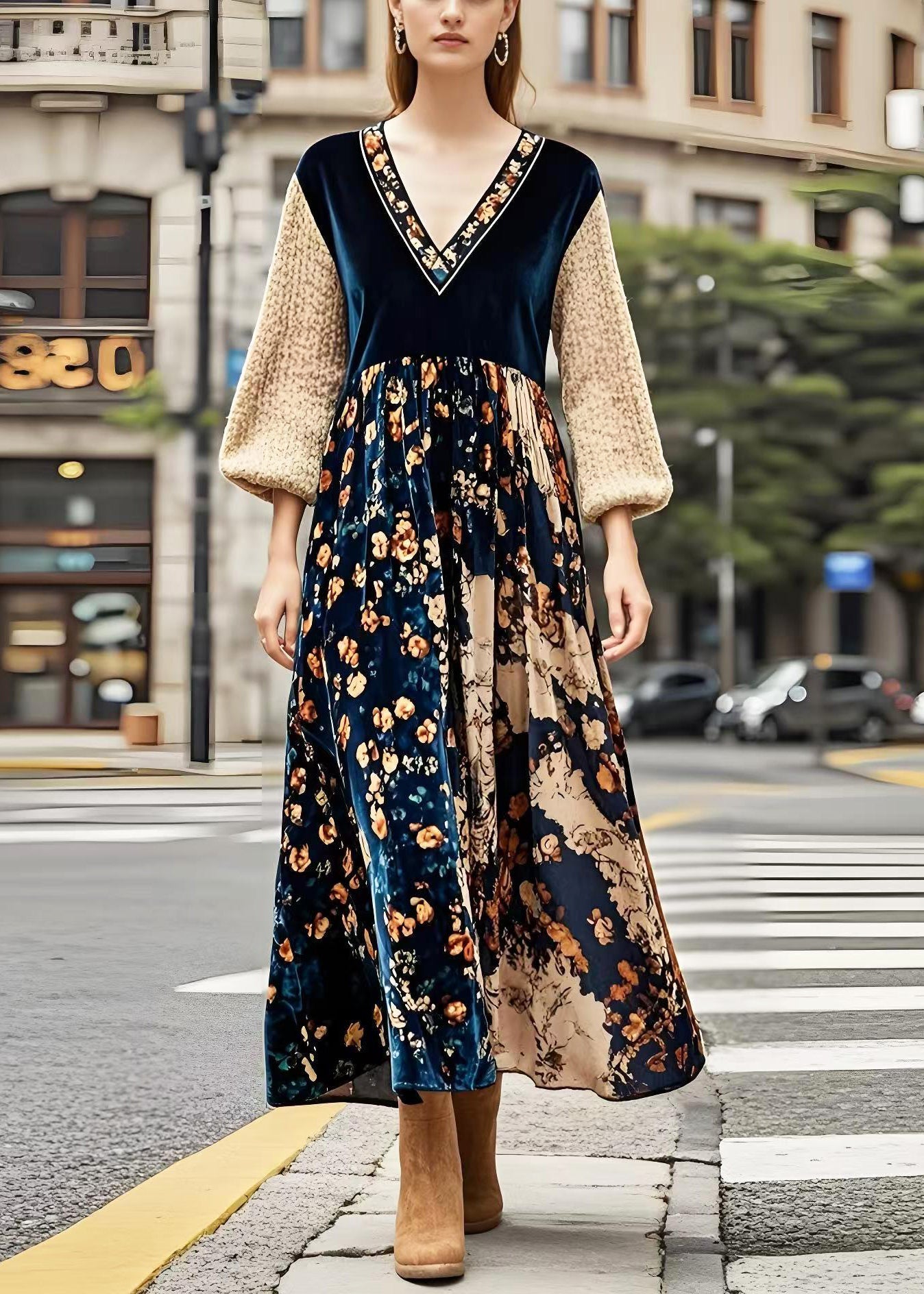 V Neck Patchwork Print Silk Velour Maxi Dresses Spring