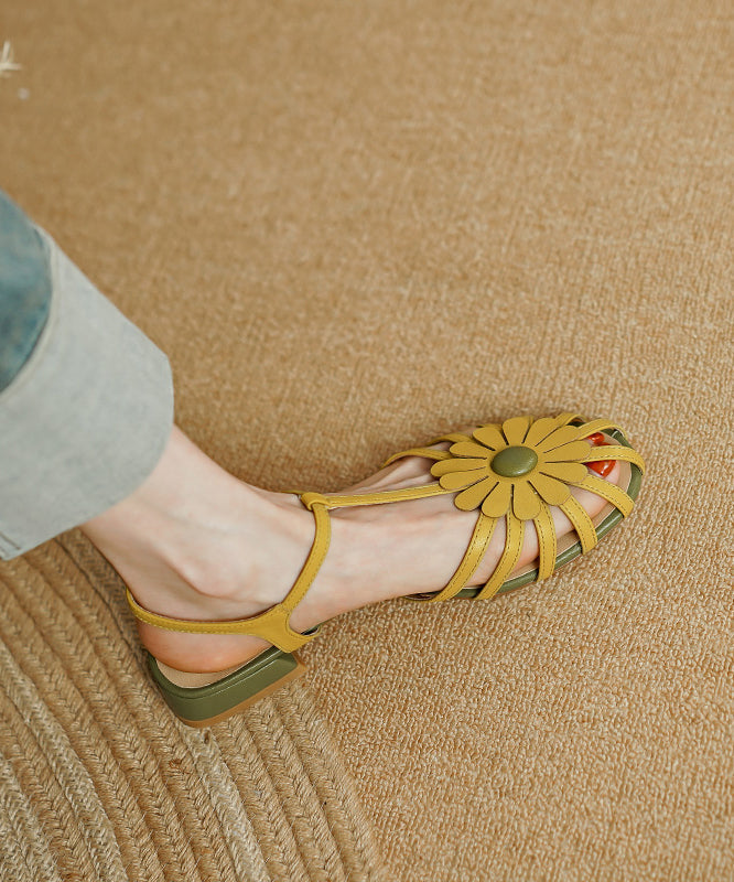 Hollow Out Soft Splicing Flat Sandals Yellow Faux Leather