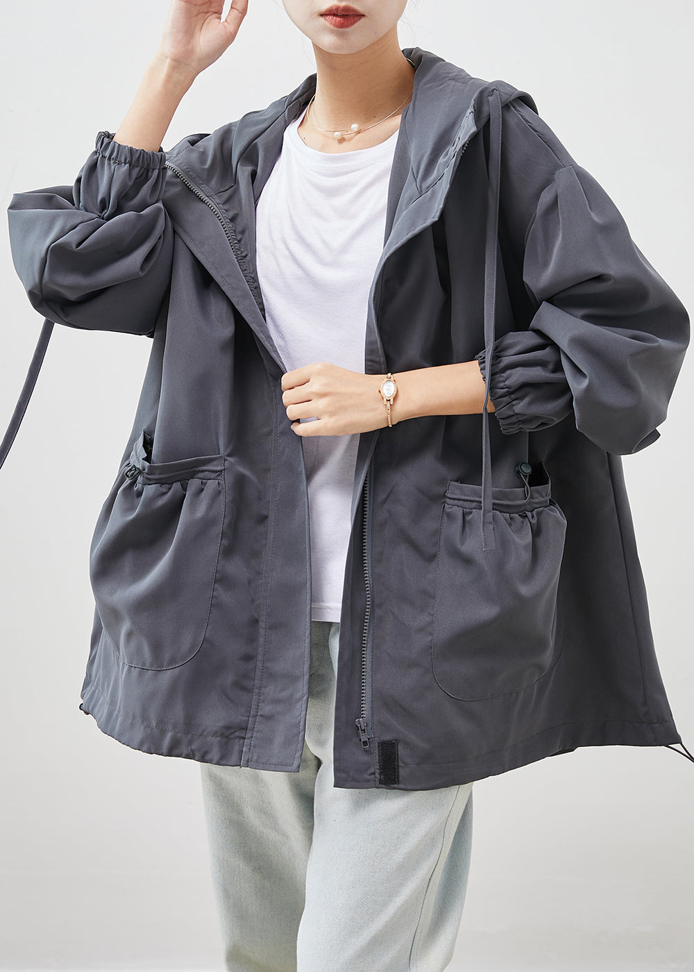 Grey Hooded Pockets Cotton Jackets Spring