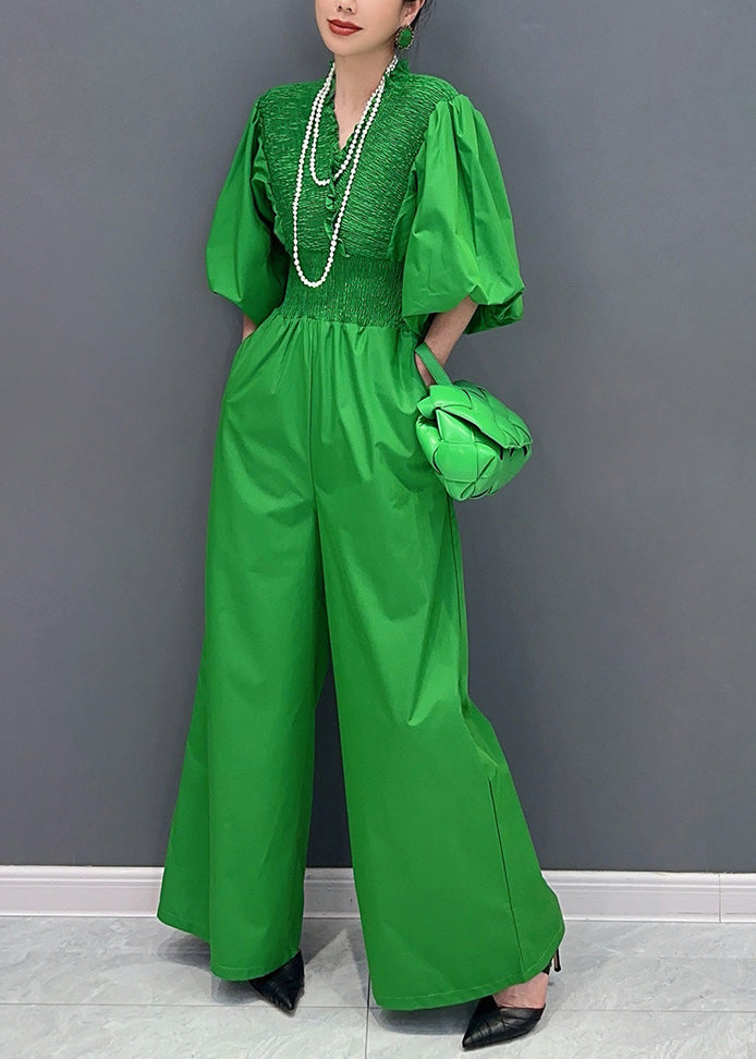Green V Neck Wrinkled Elastic Waist Jumpsuit Summer