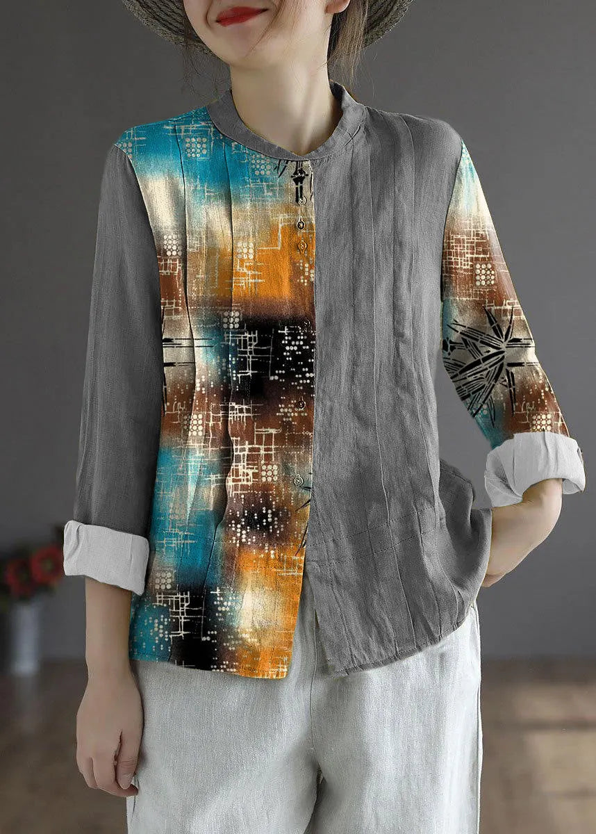 White Flower Button Fall Top Long Sleeve Linen