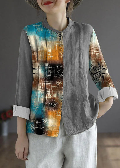 White Flower Button Fall Top Long Sleeve Linen