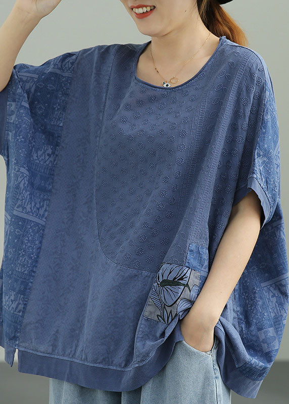 Natural Blue Loose O-neck Print Fall Tee Half Sleeve