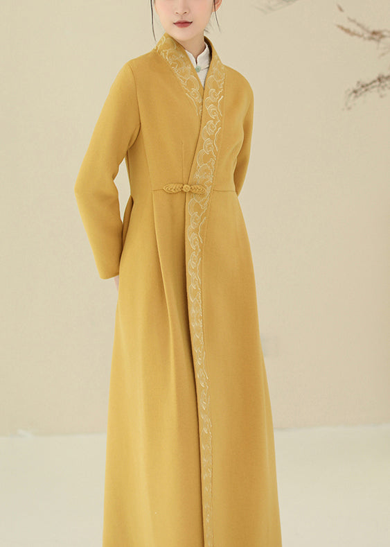 Green Embroideried Chinese Button Woolen Trench Coats Winter