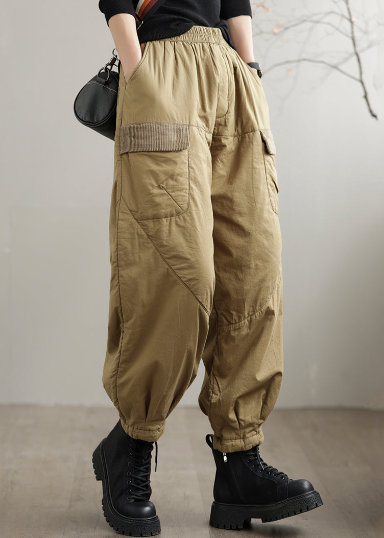 Khaki Pockets Patchwork Fine Cotton Filled Pants Winter