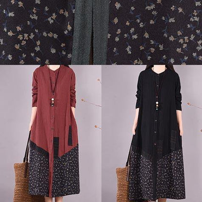 Red Patchwork Print Dress O Neck Pockets Traveling Spring Dresses