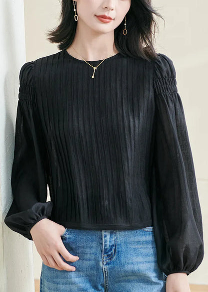 Original Design Black O-neck Wrinkled Top Fall