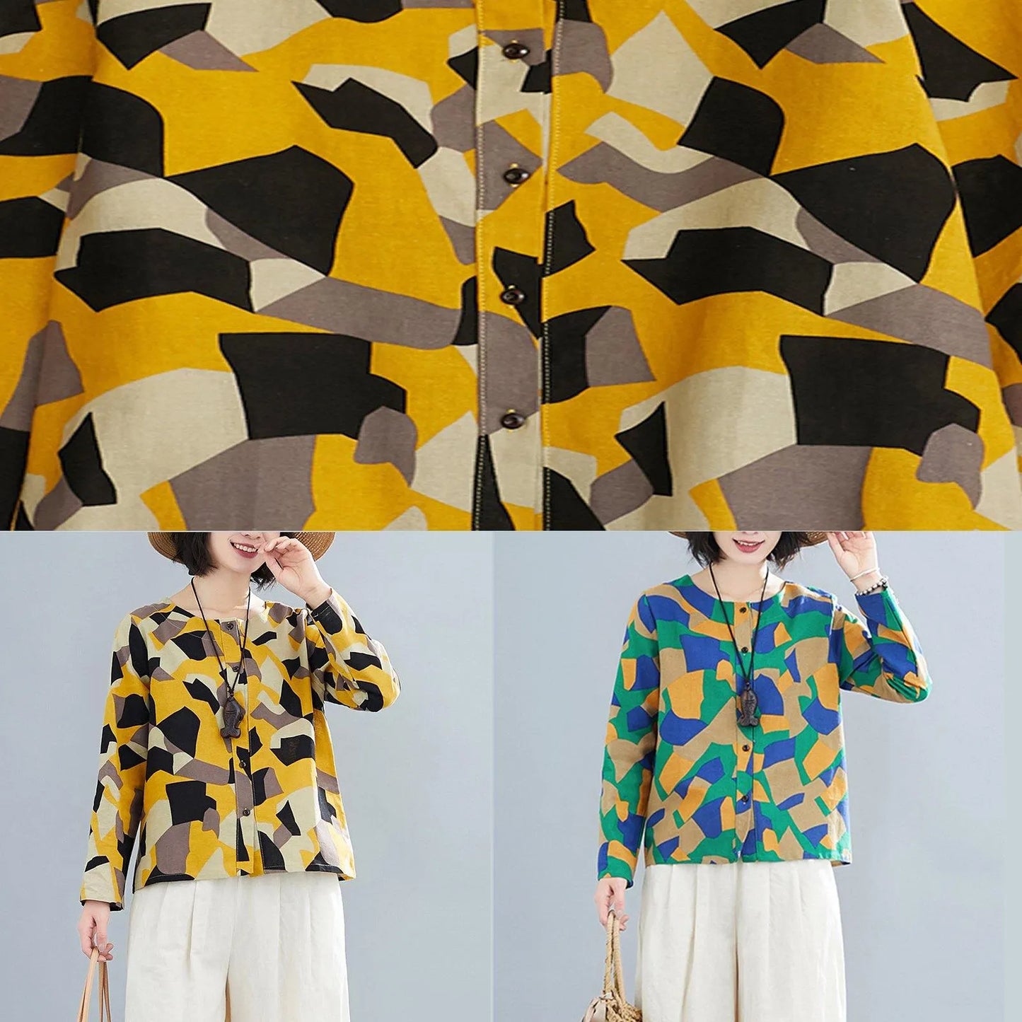 French O Neck Button Down Shirts Inspiration Yellow Geometric Top
