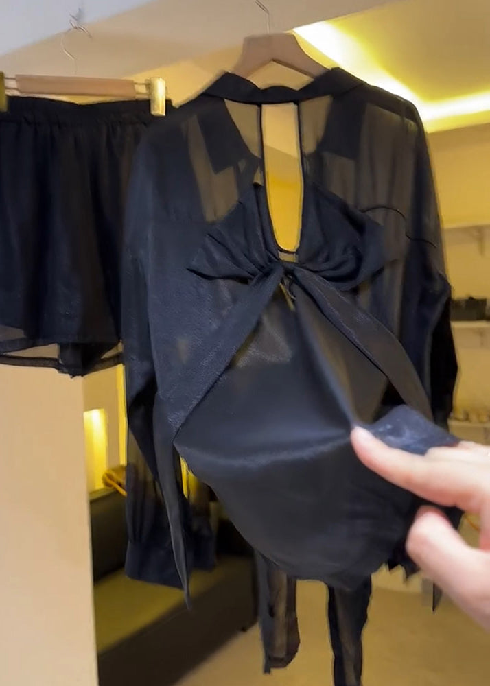 Black Bow Backless Chiffon Sheer Blouses Summer