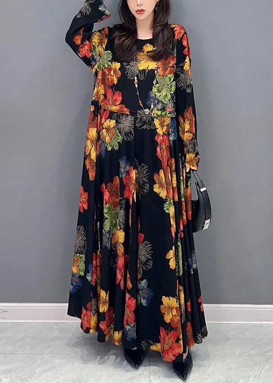 Unique O Neck Wrinkled Patchwork Cotton Long Dress Fall