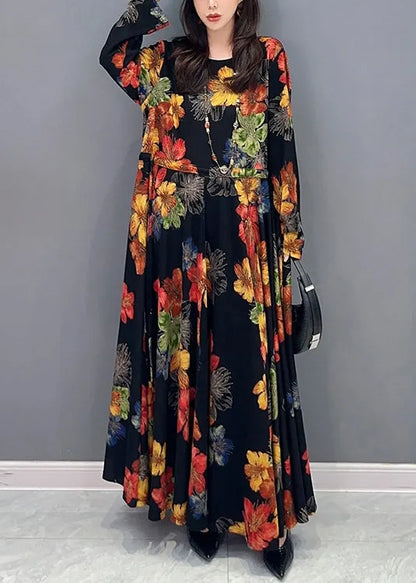 Unique O Neck Wrinkled Patchwork Cotton Long Dress Fall