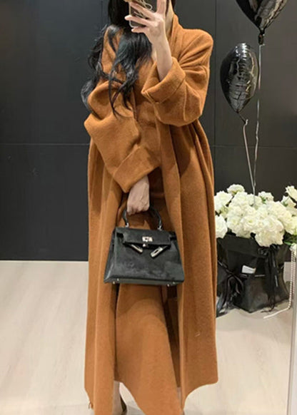 Caramel V Neck Knit Long Coats and Long Dress Two Pieces Set Fall