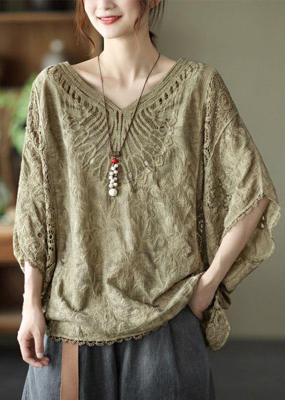 Khaki Cotton V Neck Embroideried Hollow Out Summer Blouses