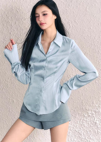 Blue Peter Pan Collar Button Silk Shirt Fall