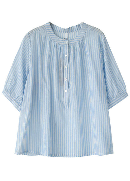 Blue Striped Cotton Shirt Top O-neck Oversized Half Sleeve