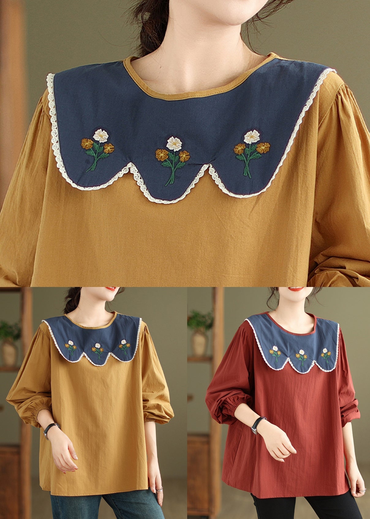 Yellow Lace Cotton T Shirt O Neck Long Sleeve