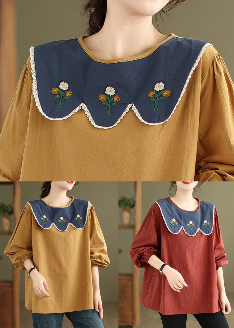 Yellow Lace Cotton T Shirt O Neck Long Sleeve