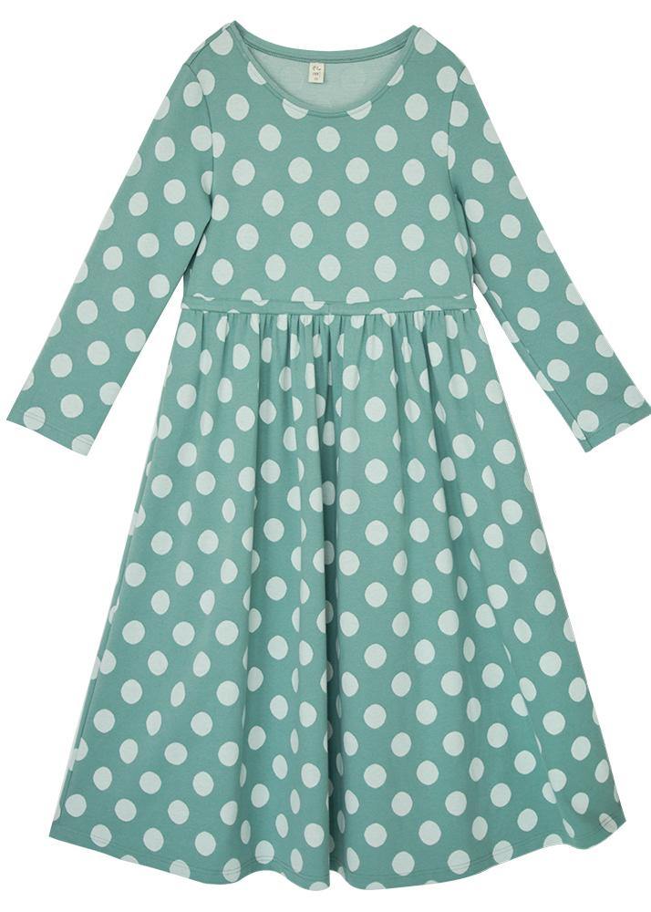 Diy O Neck Cinched Spring Quilting Dresses Pattern Green Dotted Loose Dresses