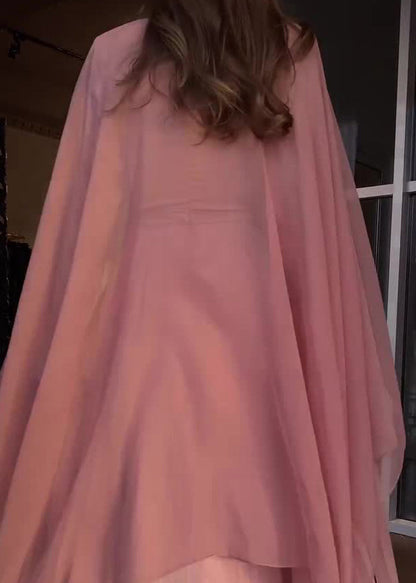 Spring New Pink Pleated Long Sleeved Dress Shawl Set