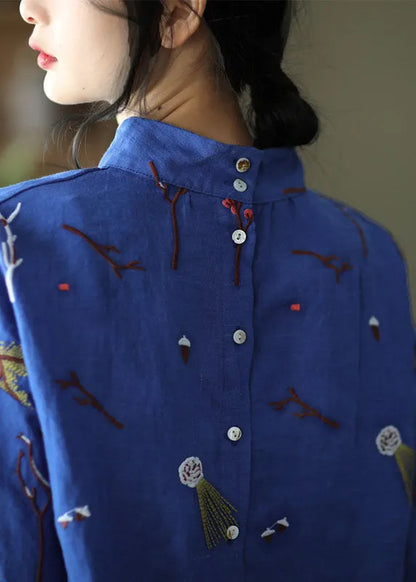 Stylish Gray Flower Embroidered Retro Linen Blouse Tops Spring