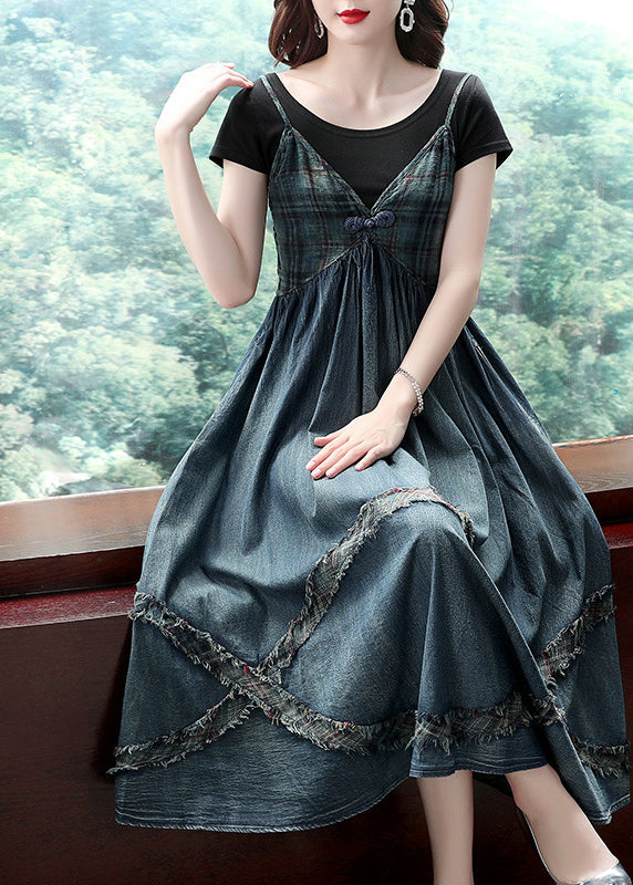 Blue Cinched V Neck Patchwork Spaghetti Strap Cotton Denim Dresses Spring