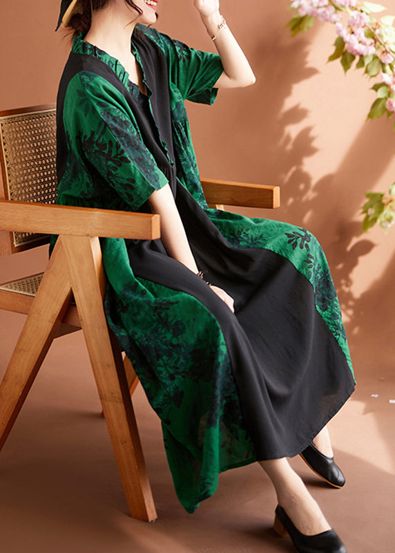 Green V Neck Print Patchwork Maxi Dresses Summer
