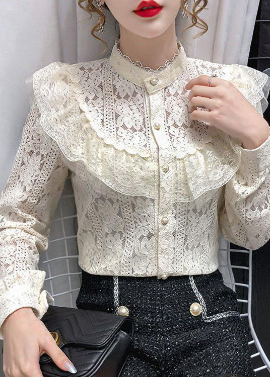 Modern Beige Hollow Out Patchwork Lace Top Long Sleeve