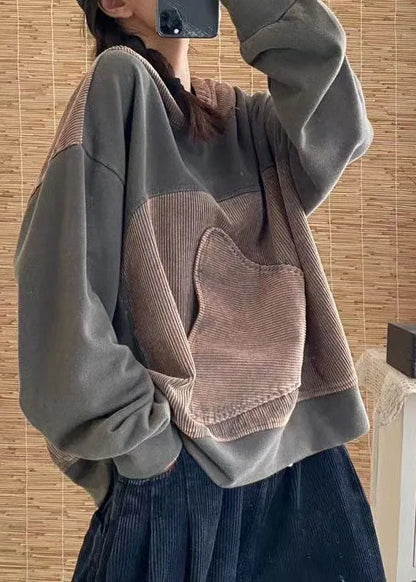 Brick Red Hooded Patchwork Cotton Pullover Top Spring
