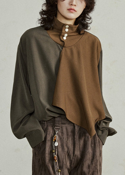 Unique Colorblock Turtleneck Asymmetrical Patchwork T Shirt Lantern Sleeve