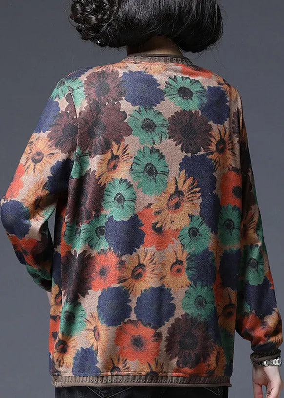 Baggy V Neck Print Pockets Knit Tops Long Sleeve