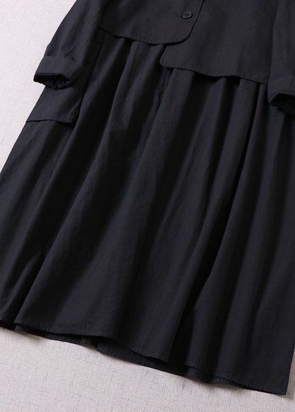 Loose Black Asymmetrical Pockets Cotton Two Pieces Set Dress + Vest Spring