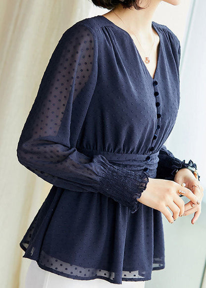 Blue V Neck Dot Button Chiffon Cinch Shirts Long Sleeve
