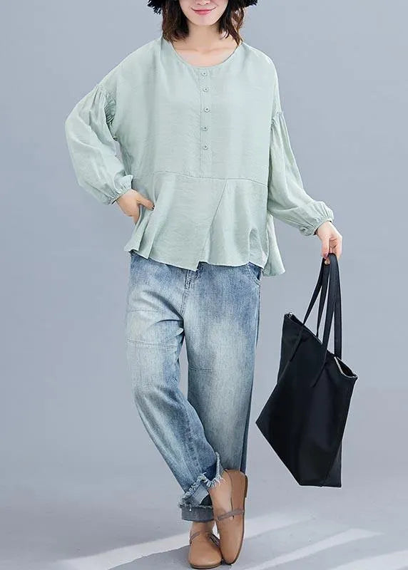Light Green Asymmetrical Design Long Sleeve Cotton Linen Summer Blouses