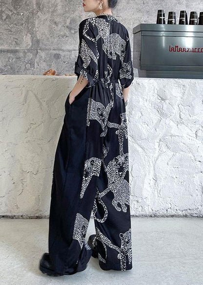 Black Summer Patchwork Wide Leg Print Chiffon Jumpsuit Pants
