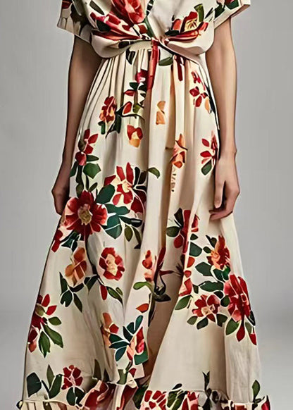 Beige V Neck Print Cotton Long Dress Summer