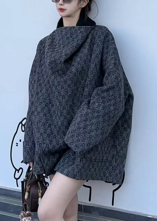Dark Grey V Neck Print Pockets Wool Coats Fall