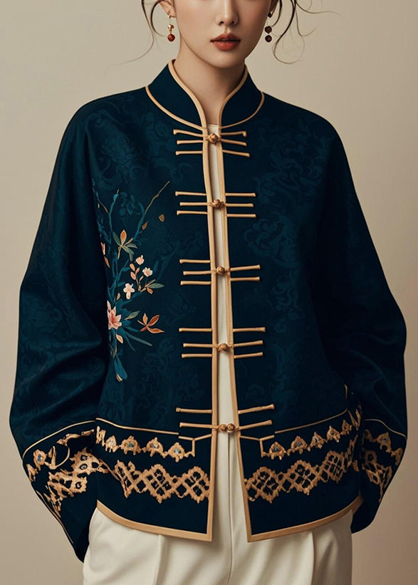 Navy Chinese Button Printsilk Coats Fall