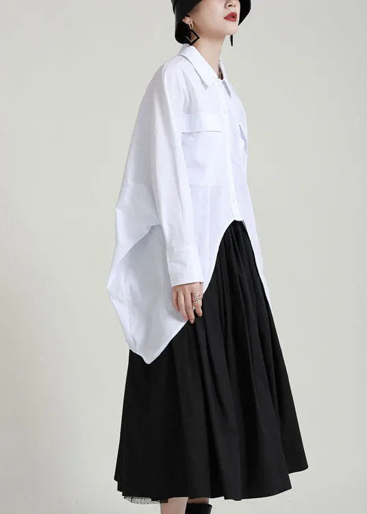 Loose White Button Low High Design Peter Pan Collar Blouses Spring