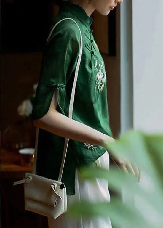 Handmade Green Side Open Mandarin Collar Tops Half Sleeve