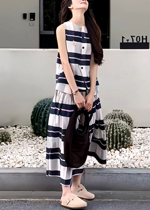 Art Striped O Neck Tops and Skirts Cotton Two Pieces Set Sleeveless