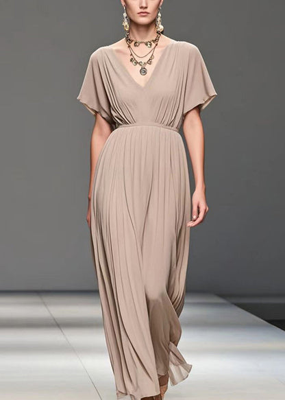 Apricot V Neck Wrinkled Chiffon Long Dress Summer