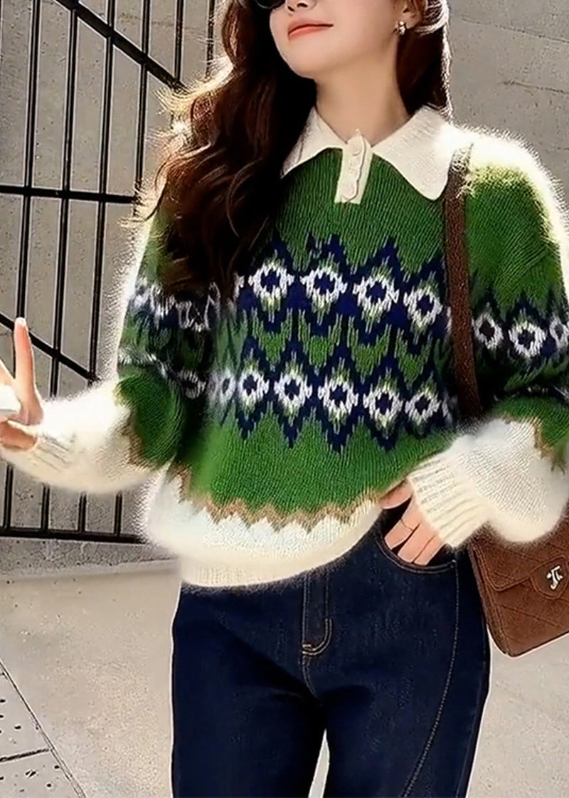 Green Oversized Print Thick Knitted Tops Spring