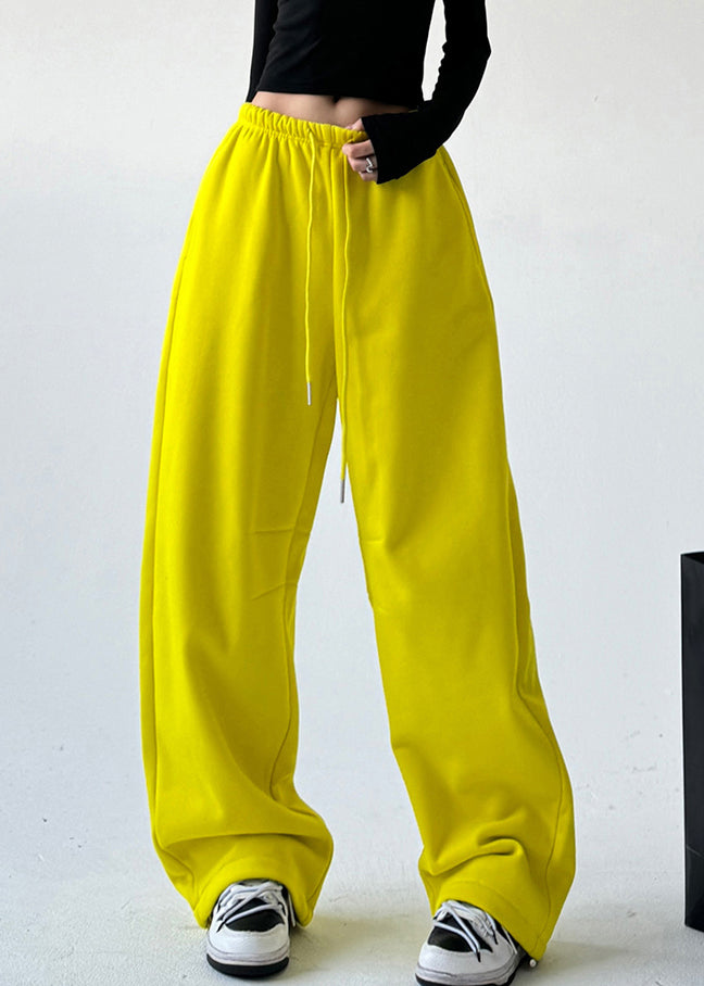 Yellow Patchwork Elastic Waist Warm Fleece Straight Pants Spring