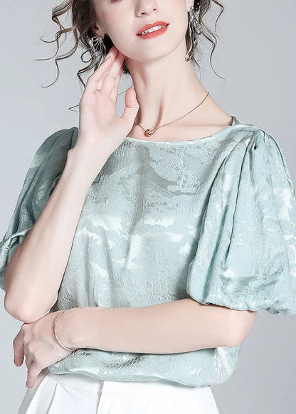 Baby Blue O-neck Jacquard Silk Top Puff Sleeve